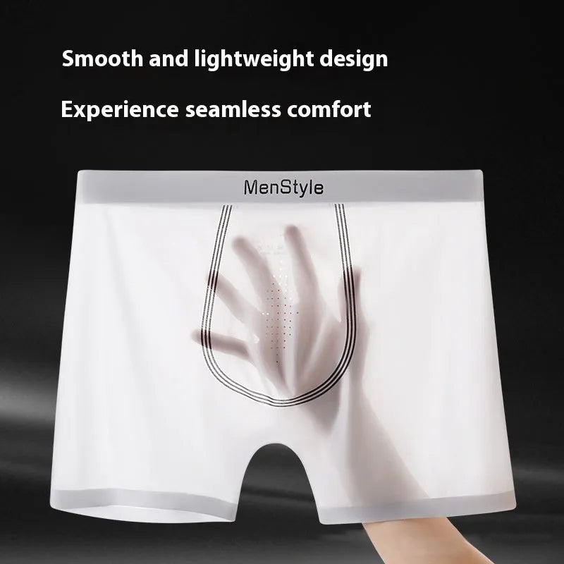 Men's satin ice silk seamless boxer shorts in nylon fabric, showing mid waist fit.