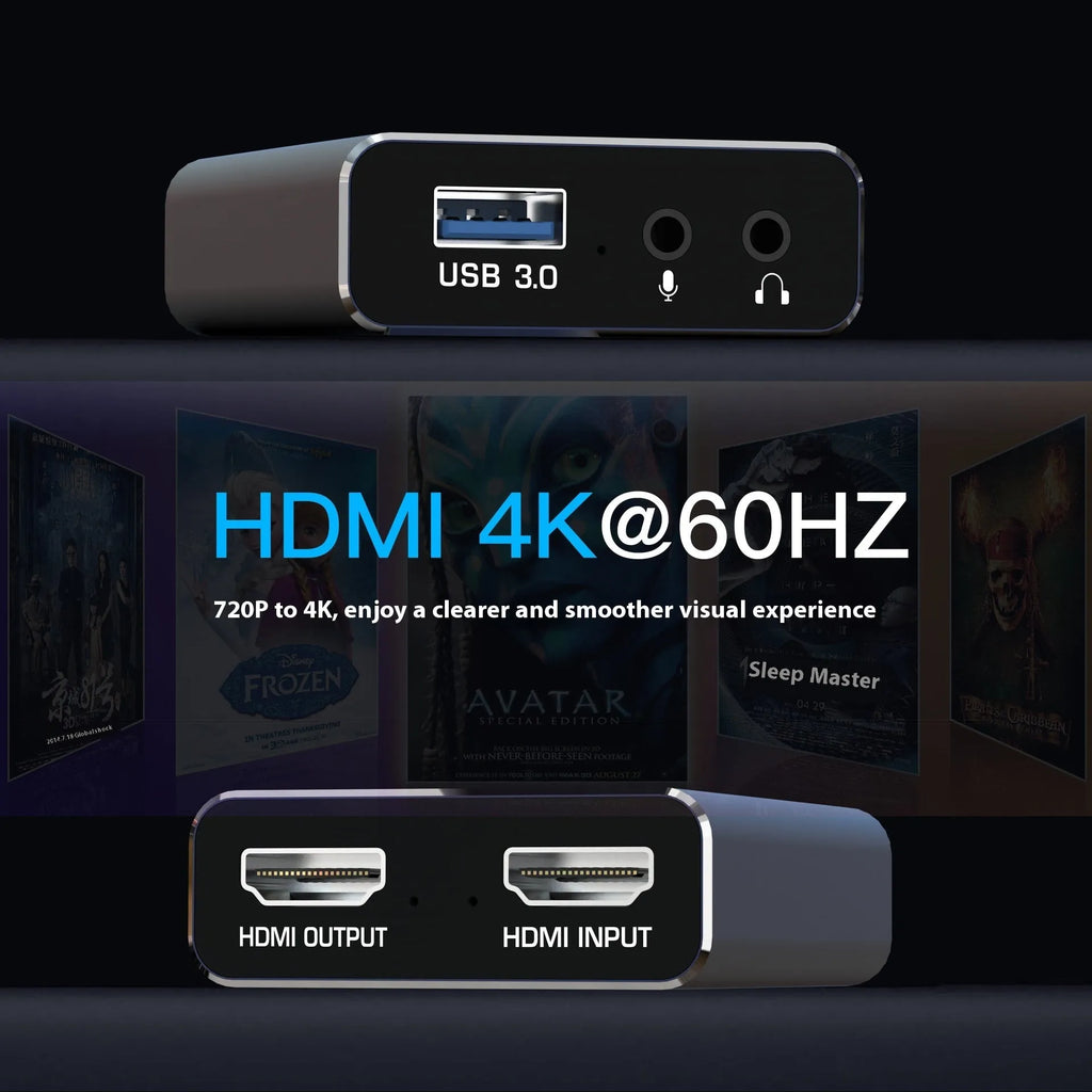 Black 4K gaming set-top box with MS2131 chip for 1080 resolution playback and audio recording.