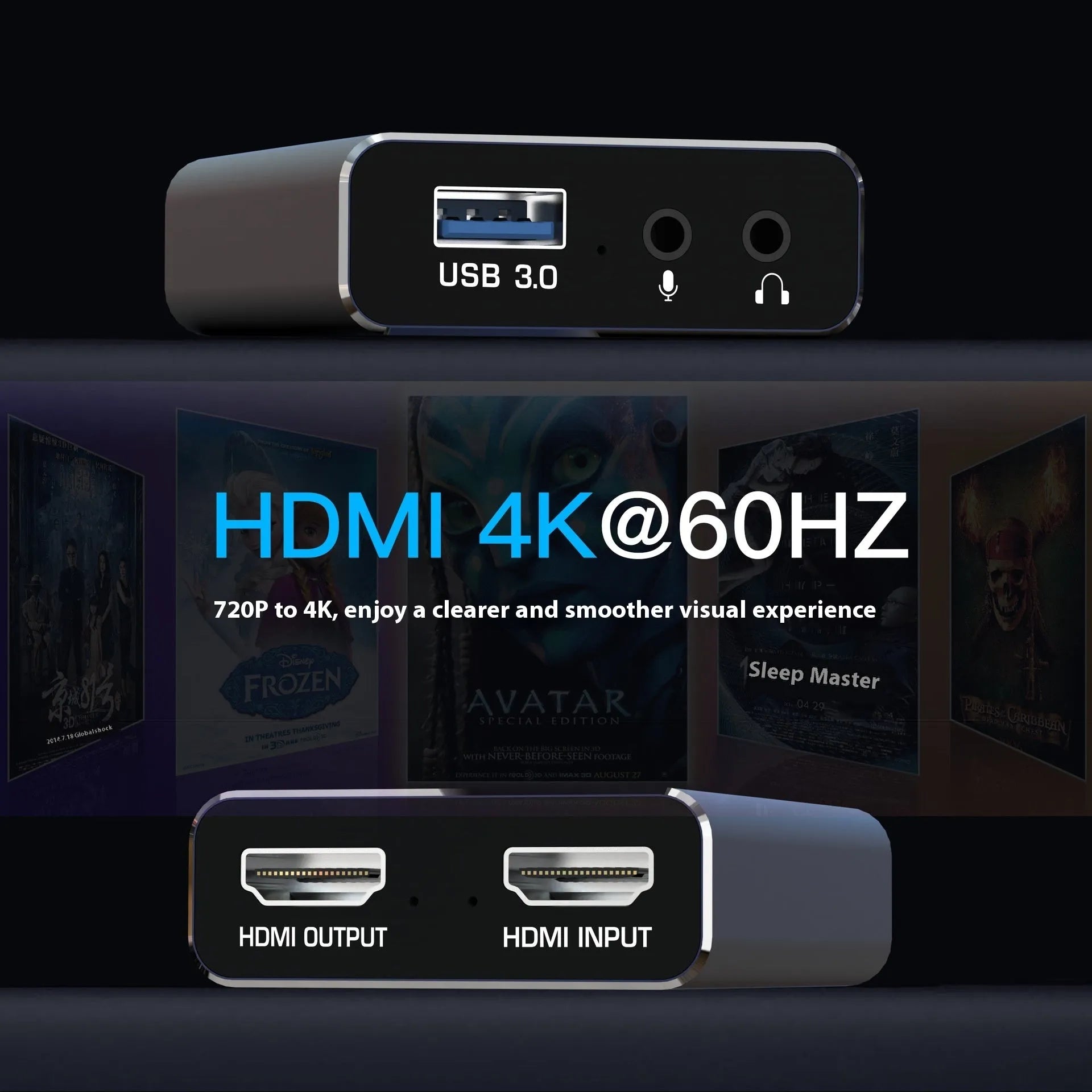 Black 4K gaming set-top box with MS2131 chip for 1080 resolution playback and audio recording.