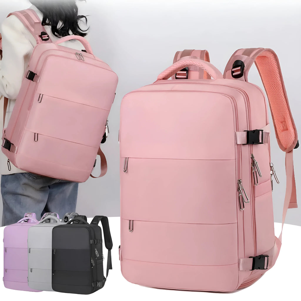 Large purple waterproof Oxford cloth travel backpack showing organisational pockets and air pillow belt