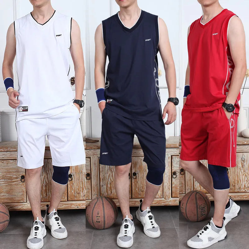 Men's cotton polyester sleeveless vest and five-point shorts sportswear set in black