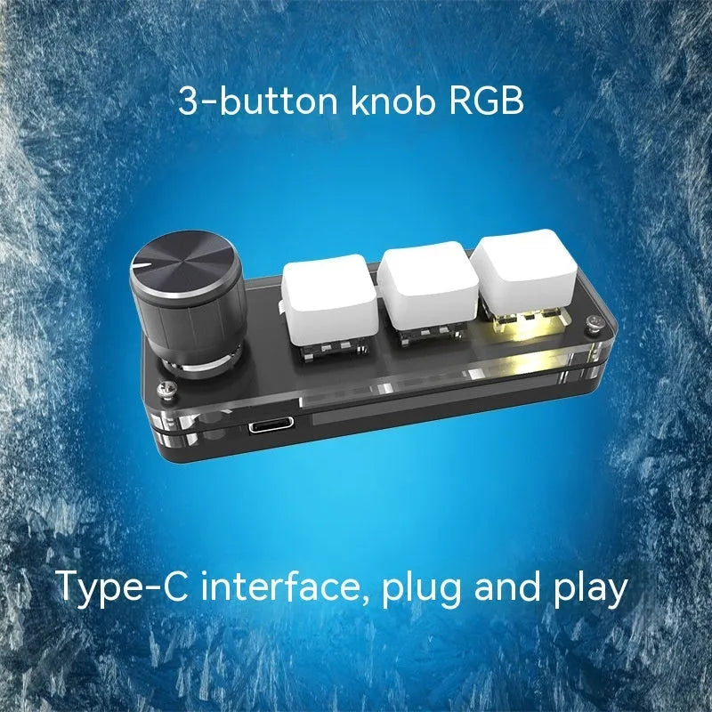 Black mechanical mini keyboard with RGB backlit copy and paste keys measuring 15cm wide