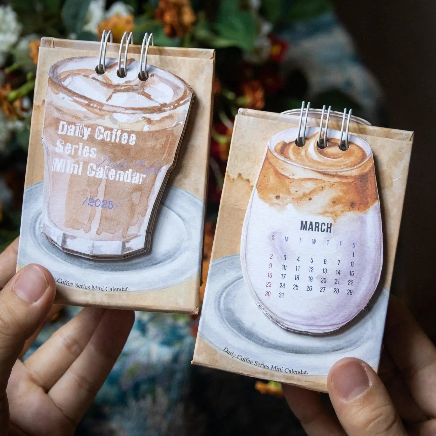 Mini desk calendar 2025 with four themed paper designs including coffee time model