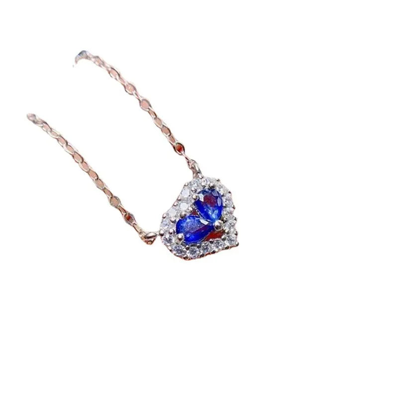 Natural sapphire heart pendant necklace in 925 sterling silver, white gold colour, gemstone inlay, casual style