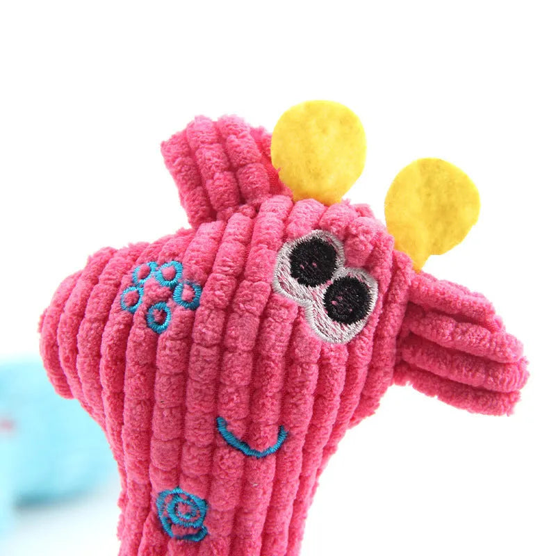 Blue deer-shaped plush dog toy with corn grain texture and squeaker for pets