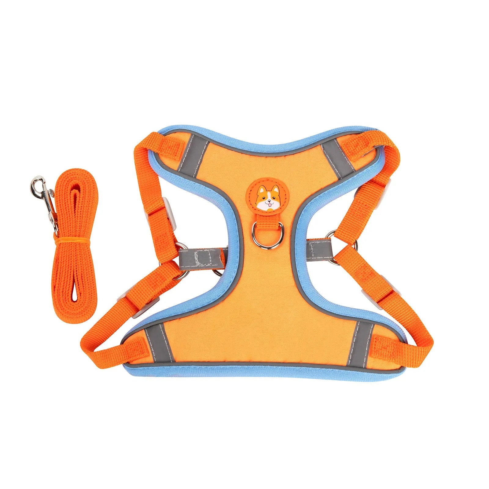 Purple adjustable dog vest harness with an attached haulage rope laid flat.