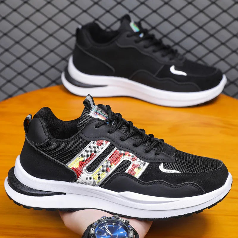 Men's white green mesh sports shoes with plastic sole and leather toe holder