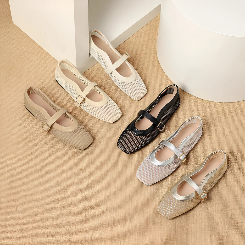 Women's beige mesh pumps with a square toe, buckle fastening, and a low flat heel.