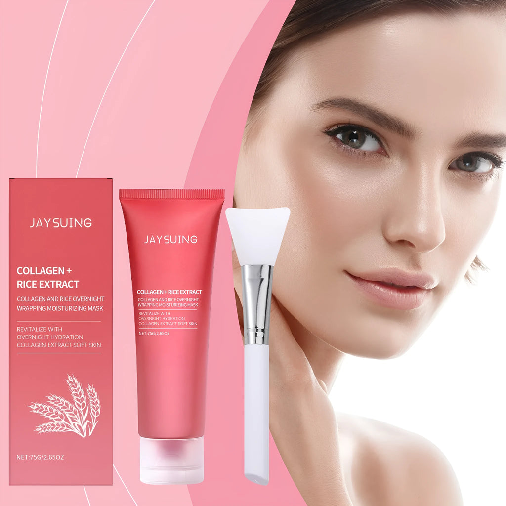 75g tube of Glowing Skin Rejuvenation facial mask and an application brush on a plain background.