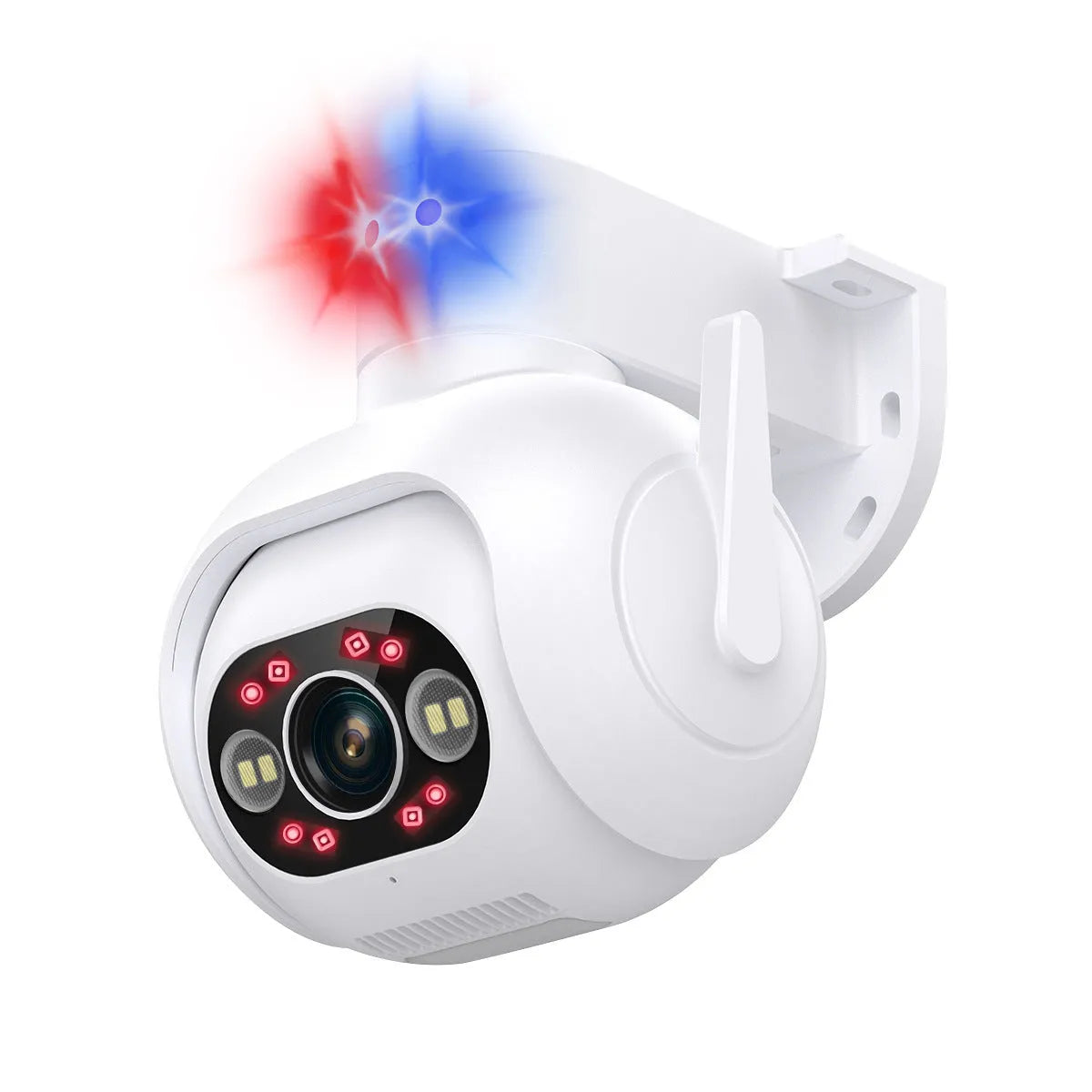 White smart security camera with 4mm lens, wall mount bracket, and IP66 rating for outdoor use.