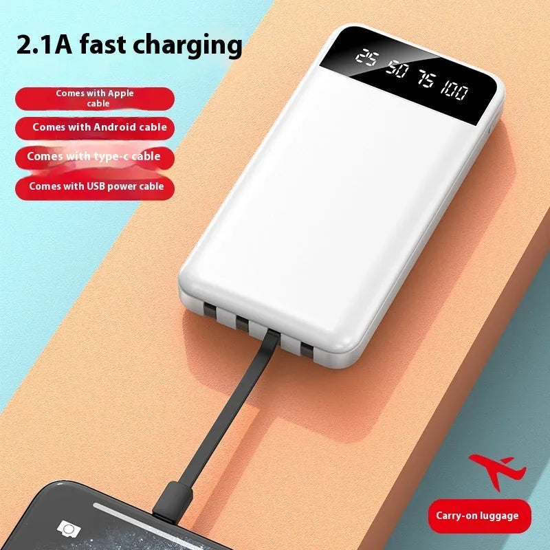 20000mAh black plastic power bank with integrated charging cable shown next to a mobile phone