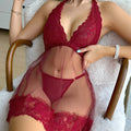 Women's sheer mesh lace babydoll lingerie set with G-string, ultra-thin polyester, solid colour options