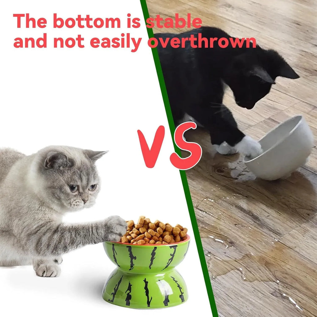 Ceramic raised cat feeding bowl with tilted design in orange colour pattern
