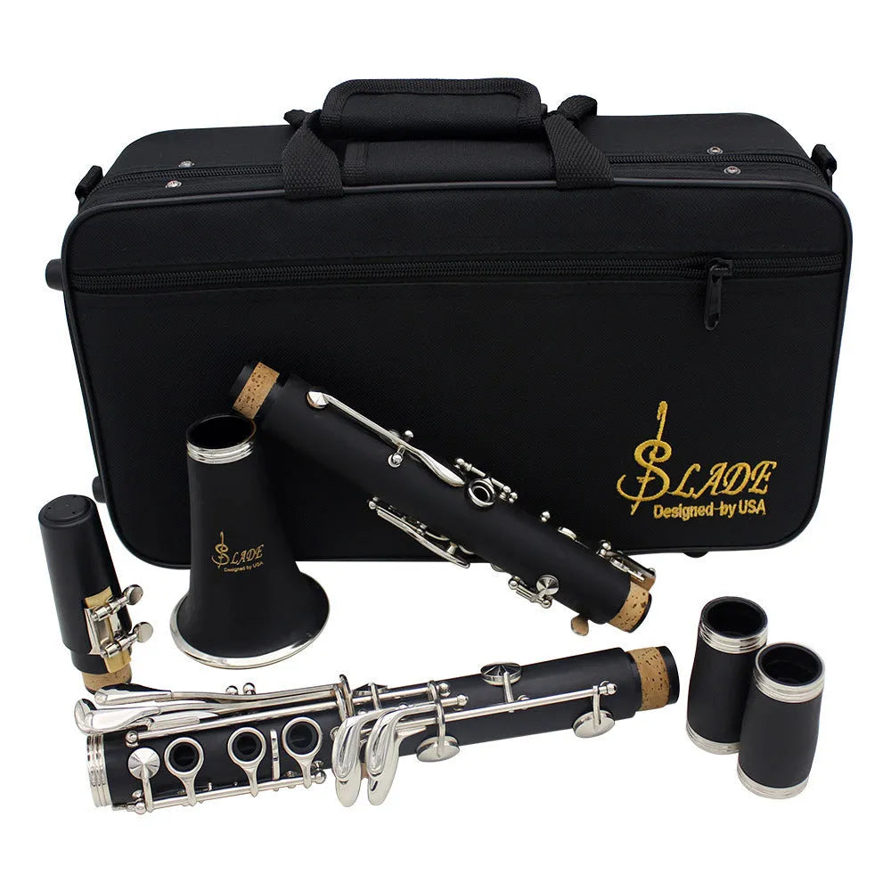 Black bakelite clarinet with nickel keys next to its protective carry bag.