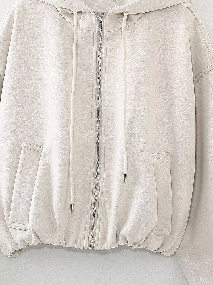 Women's white suede hooded casual jacket on a hanger