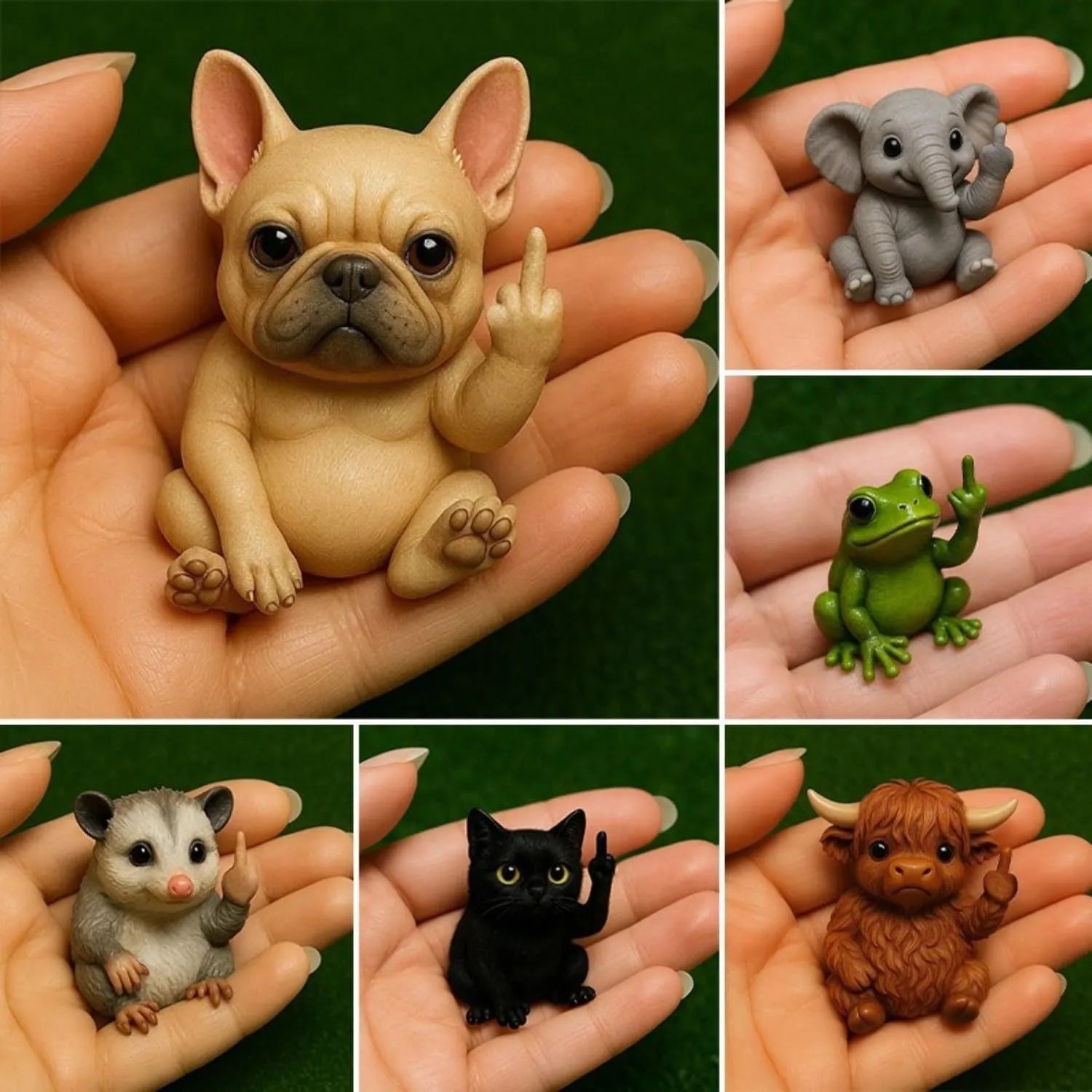 Mini resin animal figurine with a raised middle finger, shown in dog style.