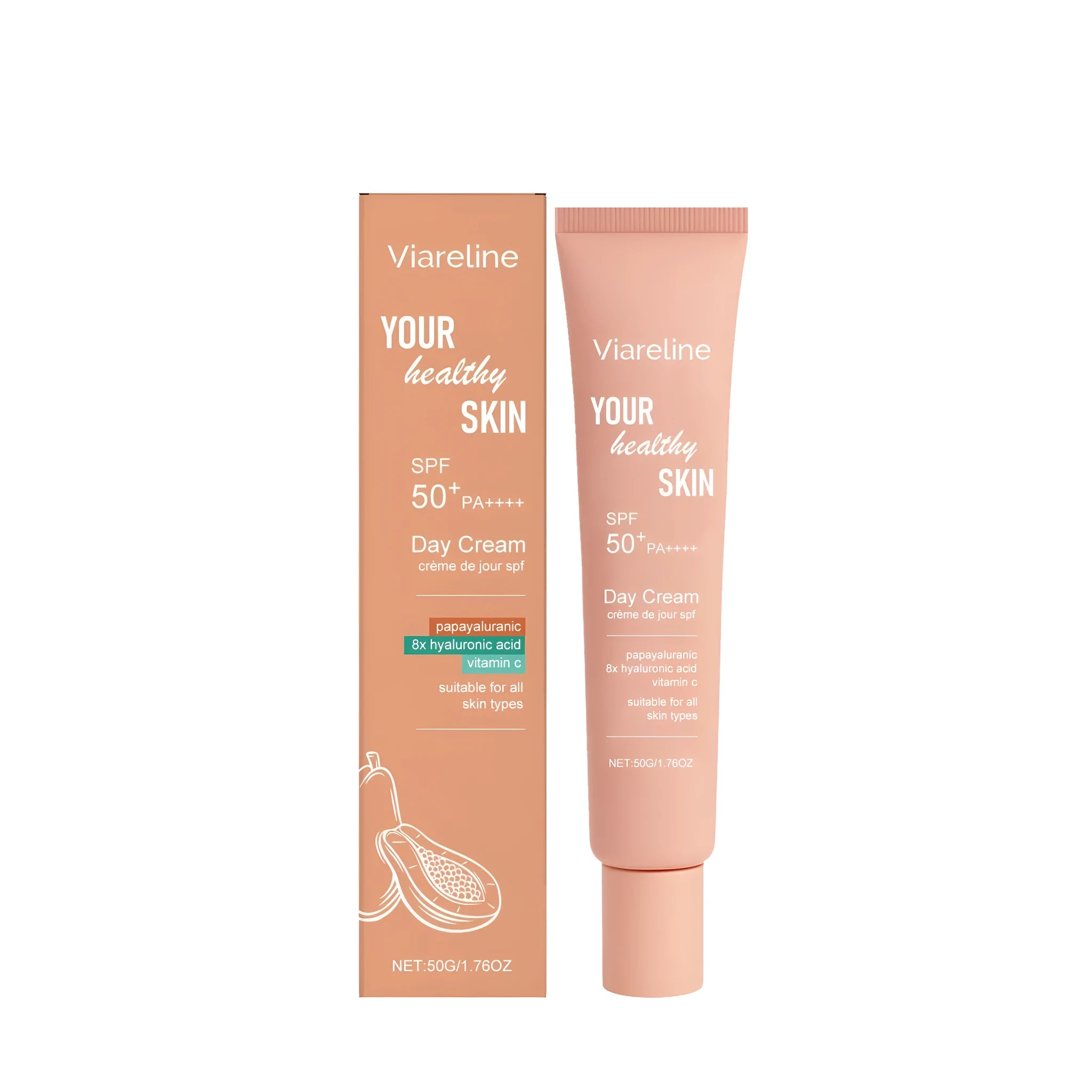50g tube of lightweight facial sunscreen with hyaluronic acid and vitamin C