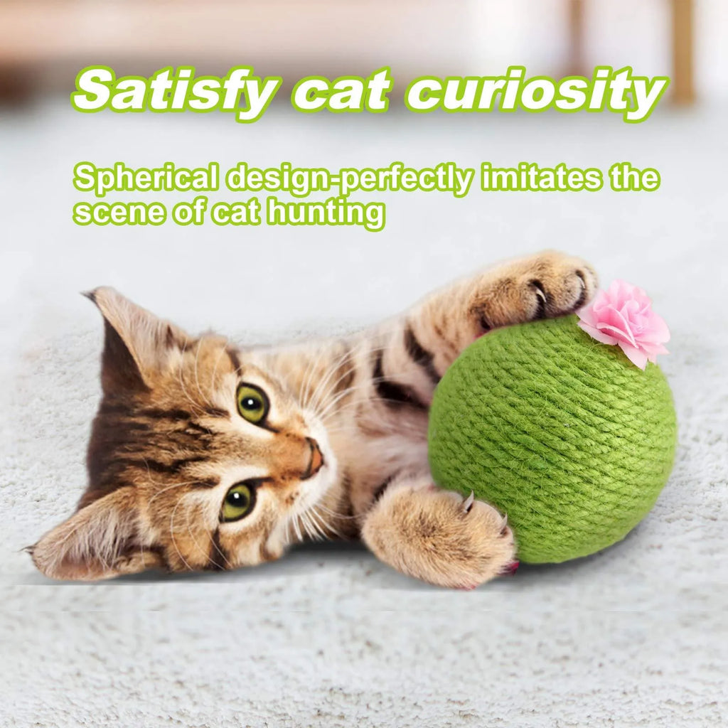 Green cactus-shaped cat activity tower with sisal scratching post and a tumbler ball catnip toy.