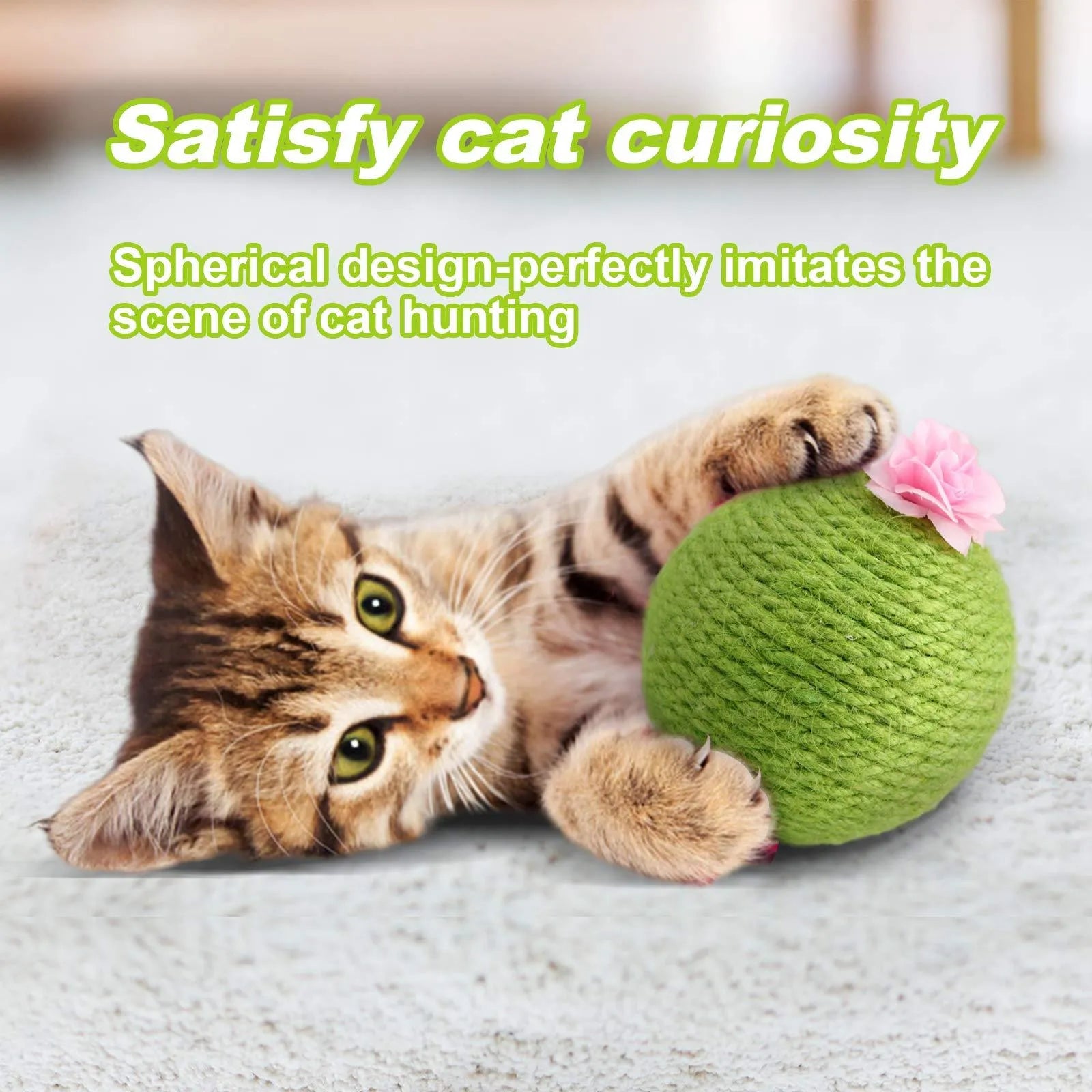 Green cactus-shaped cat activity tower with sisal scratching post and a tumbler ball catnip toy.