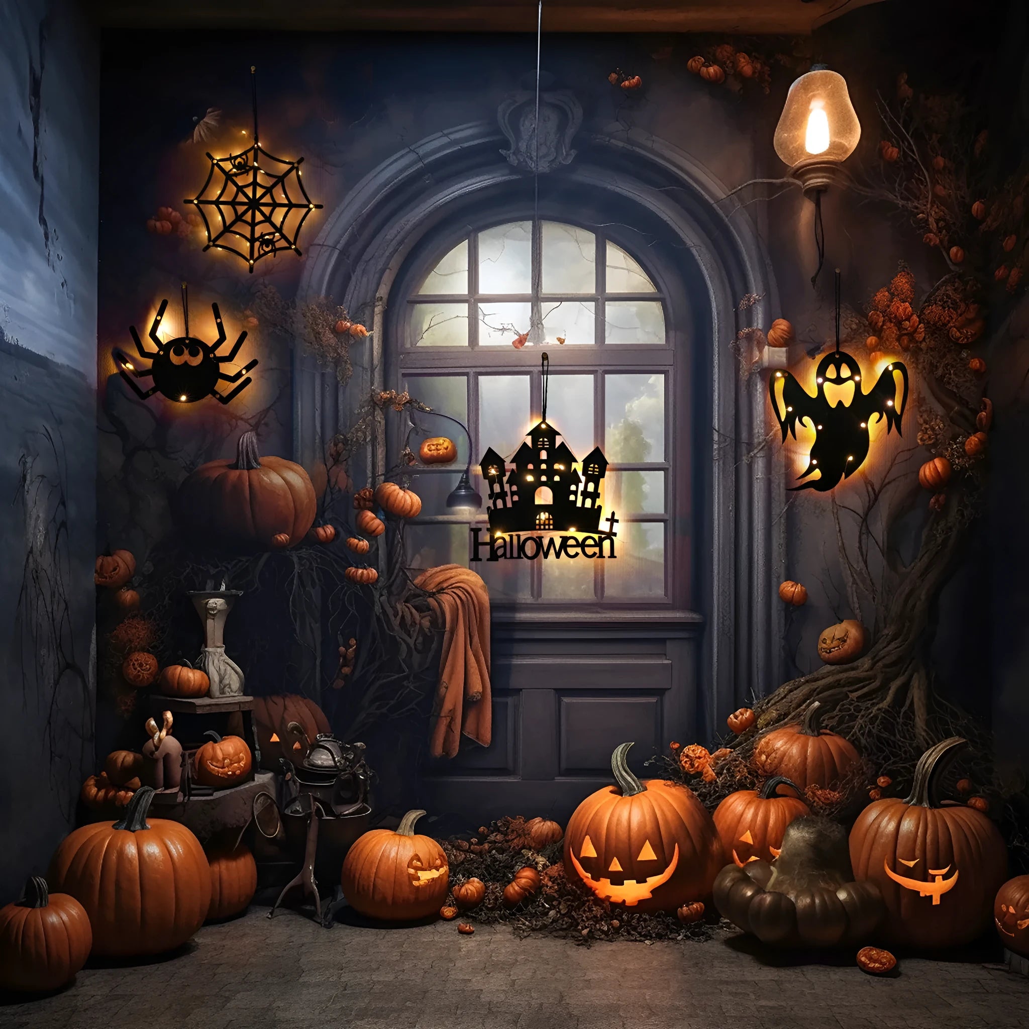 Halloween LED decorative light with spider design shell in Alec material showing spooky glow