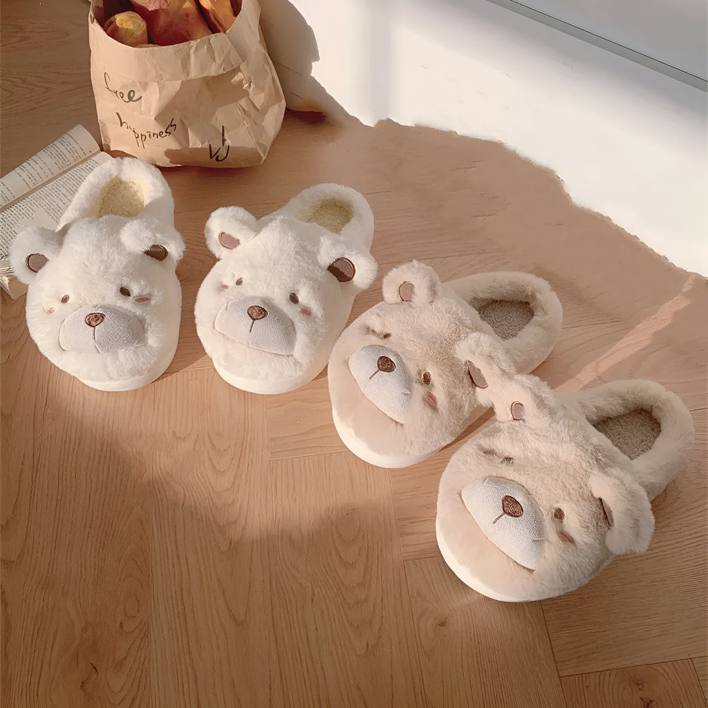 Cartoon-patterned plush suede baotou slippers for women in khaki colour with round toe.