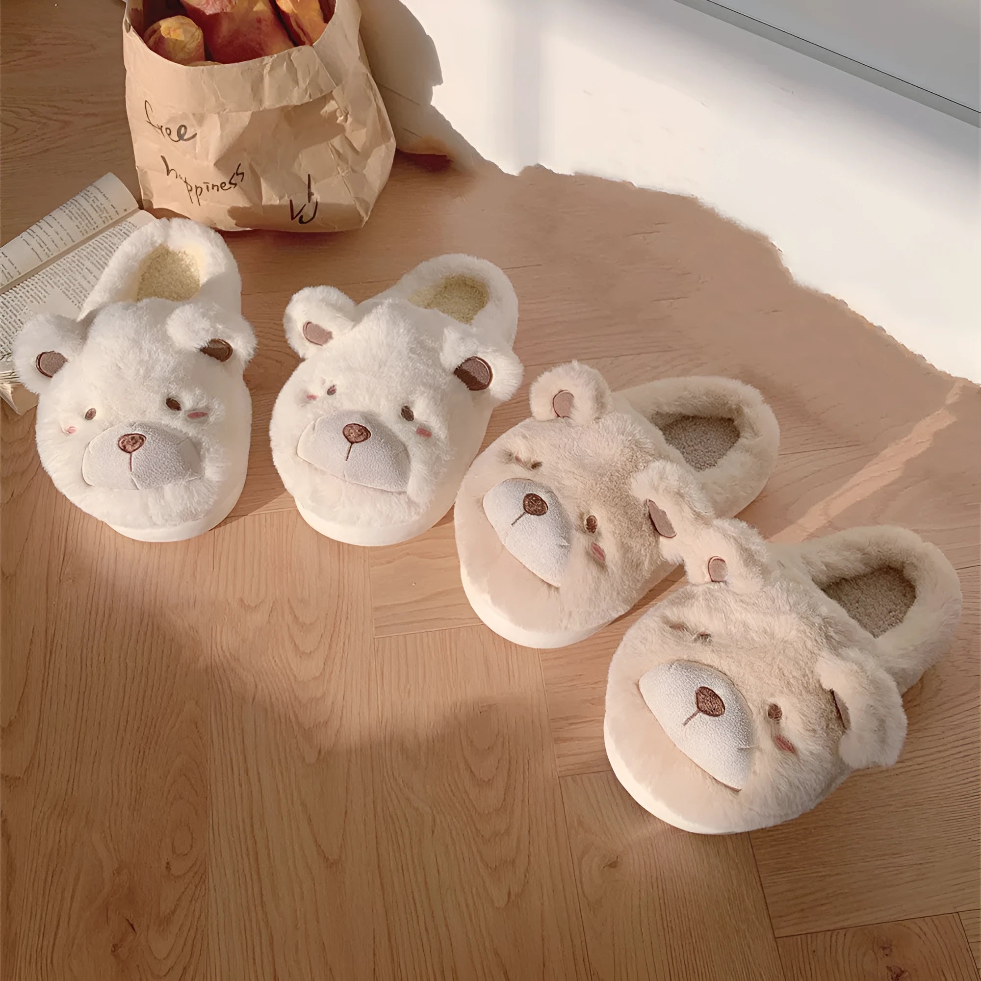 Cartoon-patterned plush suede baotou slippers for women in khaki colour with round toe.