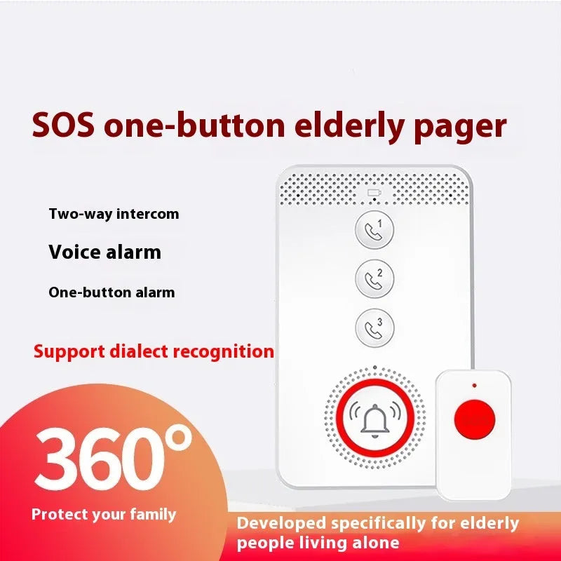 White elderly emergency alert system with one central buzzer and three wireless pendant buttons.