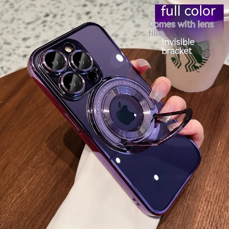 Transparent magnetic iPhone case with invisible pull-out stand in dark purple colour