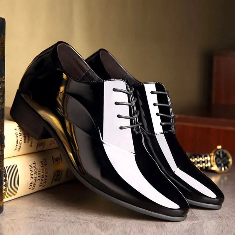 Men's black and brown business formal shoes with artificial PU upper showing classic toe shape
