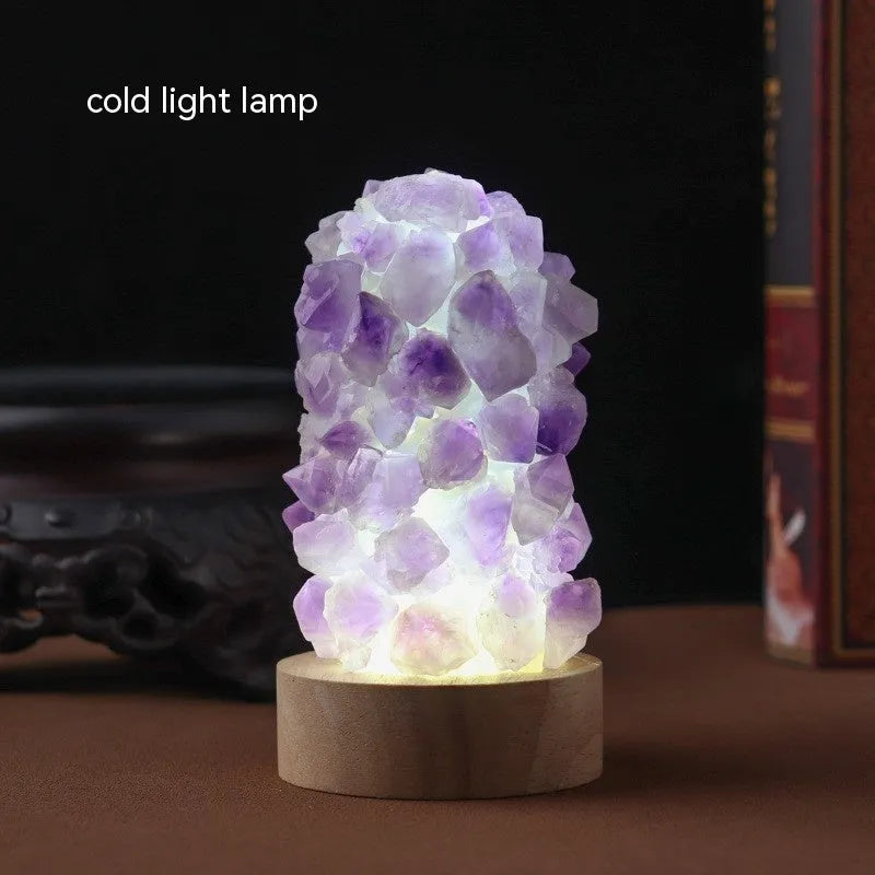 Small amethyst crystal night light with natural tooth flower formations and USB cable