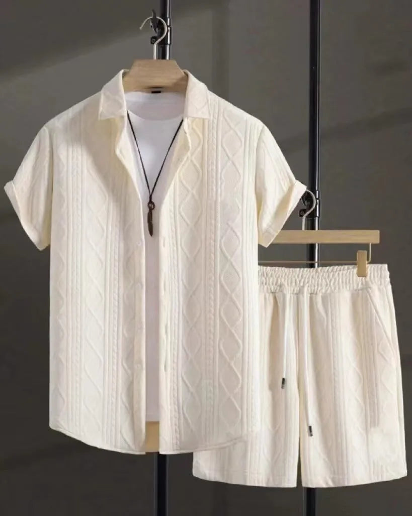 Men's beige short-sleeve jacket and shorts casual summer suit set on a hanger.