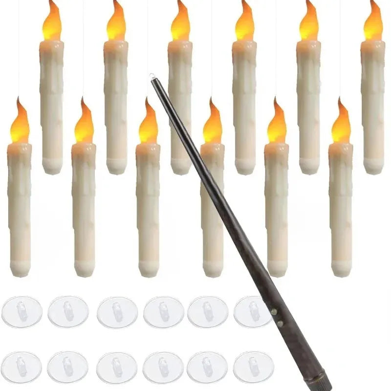 12 white floating LED candles with magic wand remote control and hanging hooks for Halloween decoration