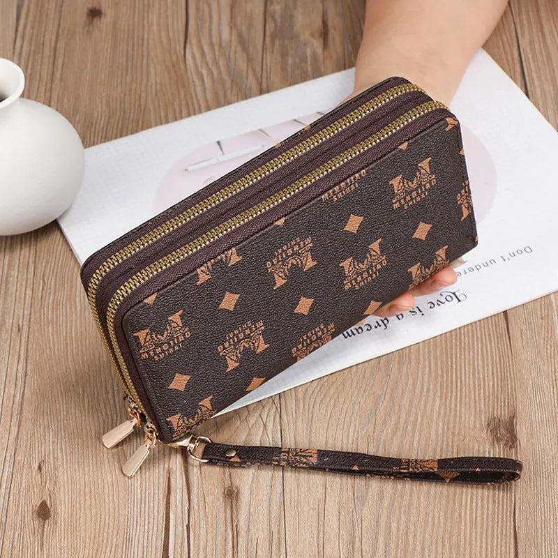 Retro-style long PU leather wallet clutch with printed design showing mobile phone compartment and zipper closure