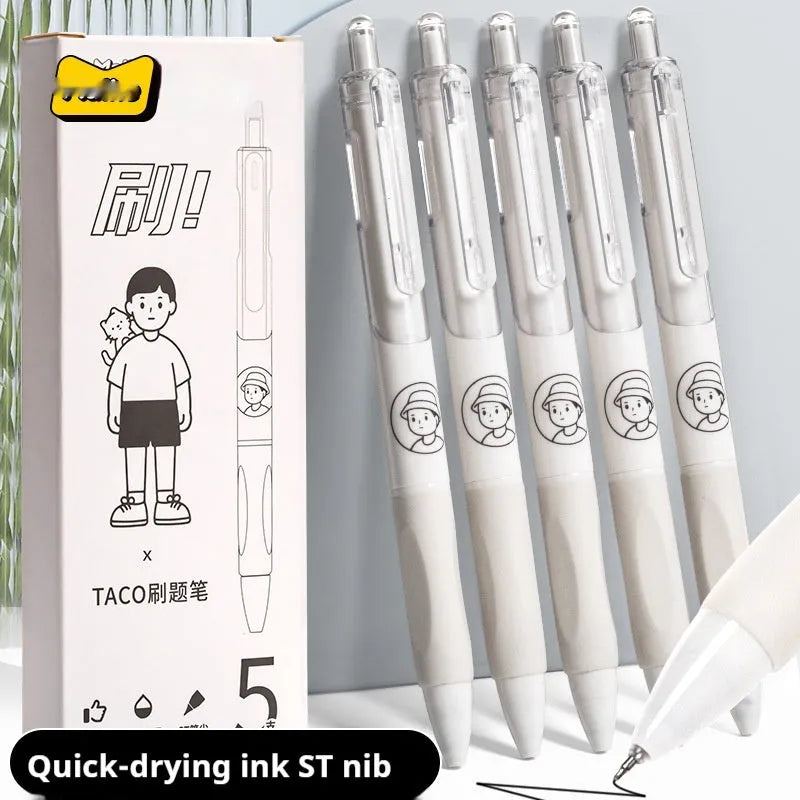Five black ballpoint pens with 0.5mm tips for exam writing and signatures