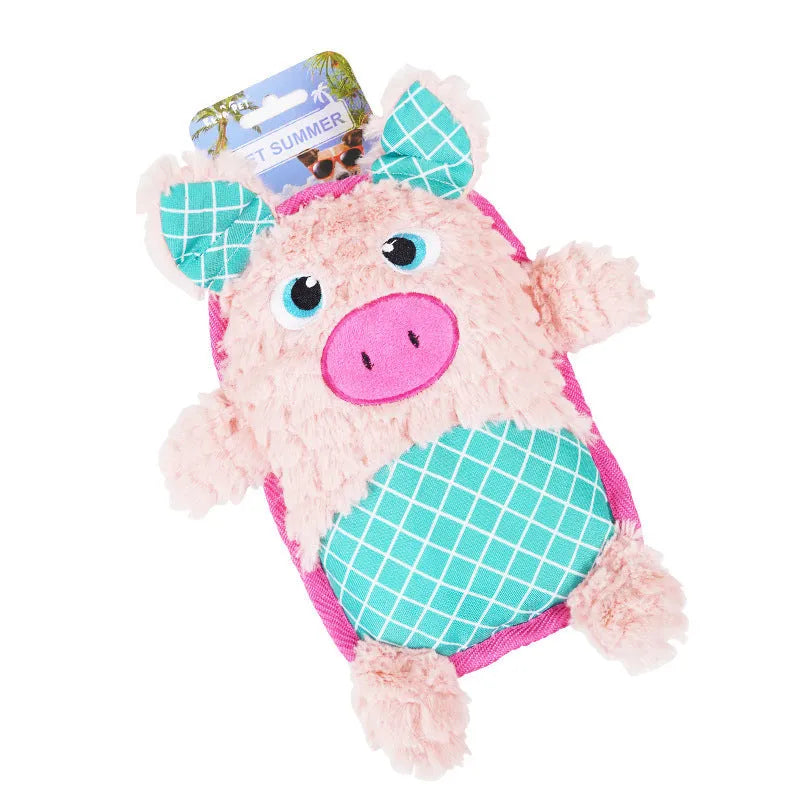 Blue, green, and pink dog toys with sound features and bite-resistant construction safe for molar teeth.