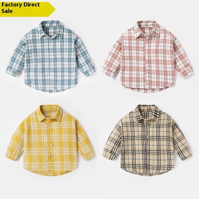 Boys' long sleeve cotton shirt with lattice and cartoon patterns in khaki, shown on a hanger