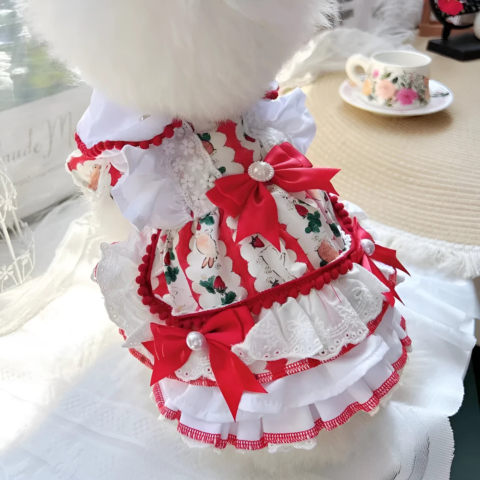Small white dog wearing a rabbit-style skirt, showing the princess cut and fit based on detailed size chart measurements.