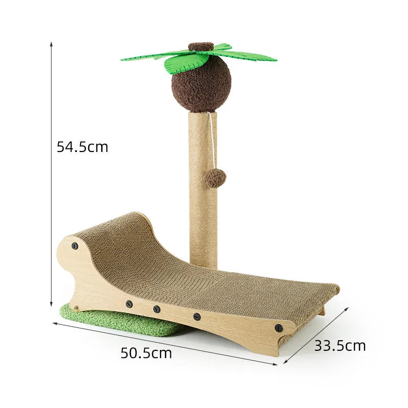 Wooden beach chair-shaped cat climbing frame with a scratch board and a light-coloured hemp mat.