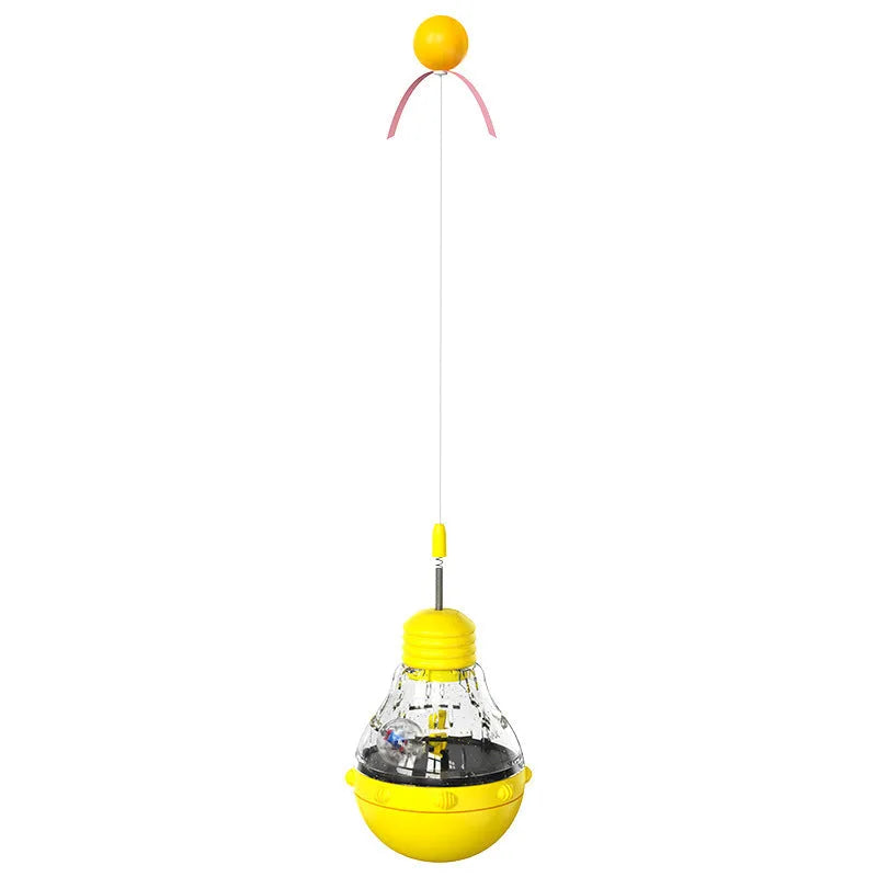 Plastic pet toys including food leakage bear, bulb tumbler cat toy, and educational puzzles in various colours