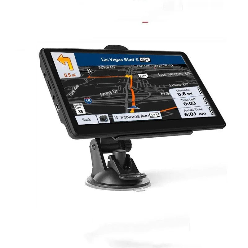 7 inch portable car GPS navigation device on dashboard with bracket and car charger