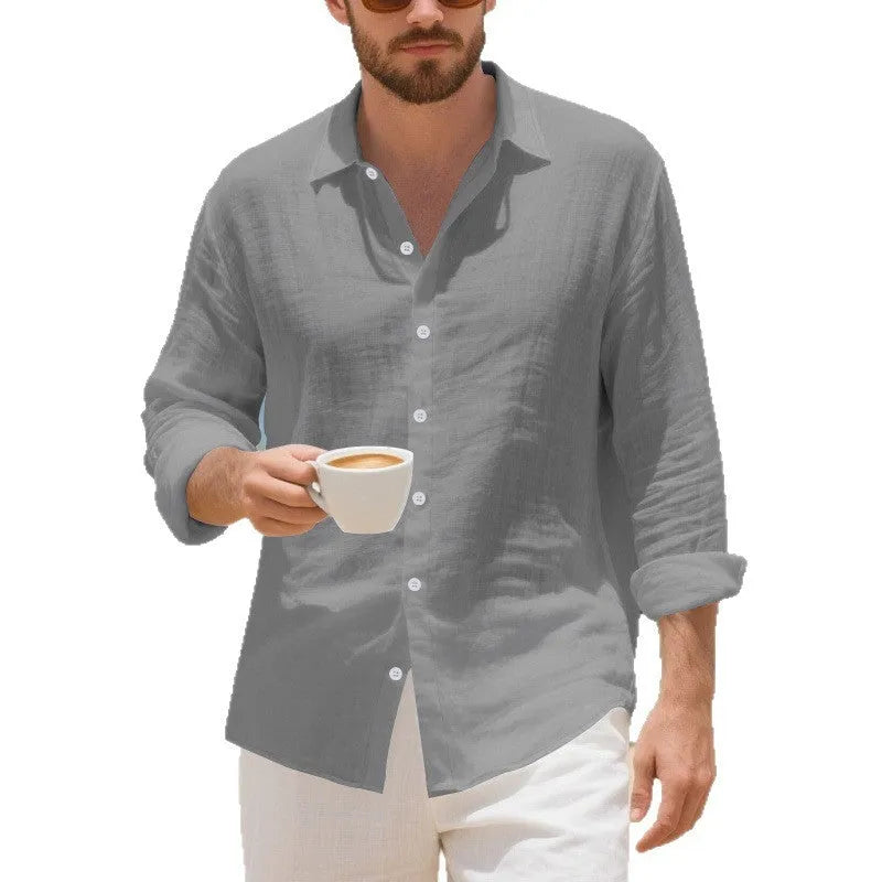 Loose fit linen casual shirt in Army Green colour, showing button placket and relaxed sleeve on a hanger.