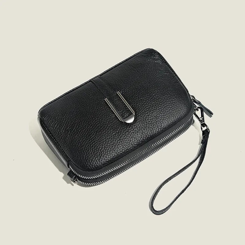 Top-grain leather crossbody bag with splicing design in khaki, horizontal shape, on model
