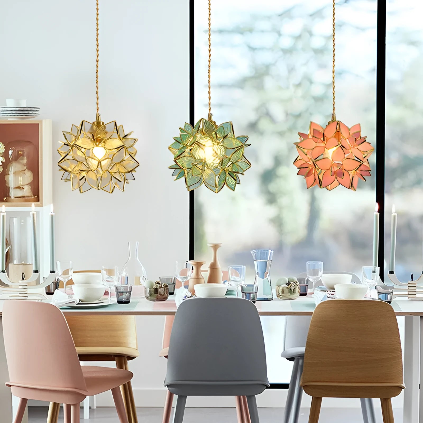 Stained glass hanging line chandelier with copper lamp head in a choice of light colours.