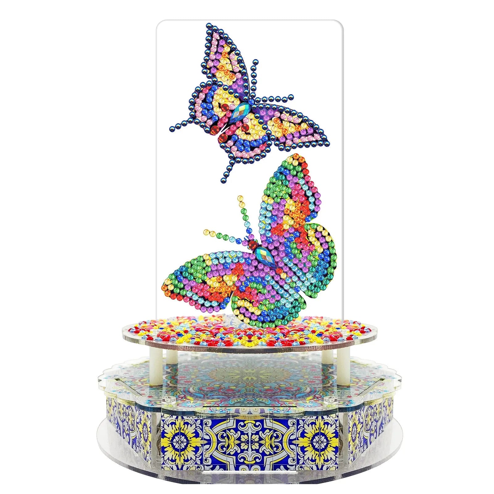 DIY diamond painting music box craft kit components including PVC plates, music movement, and LED string lights