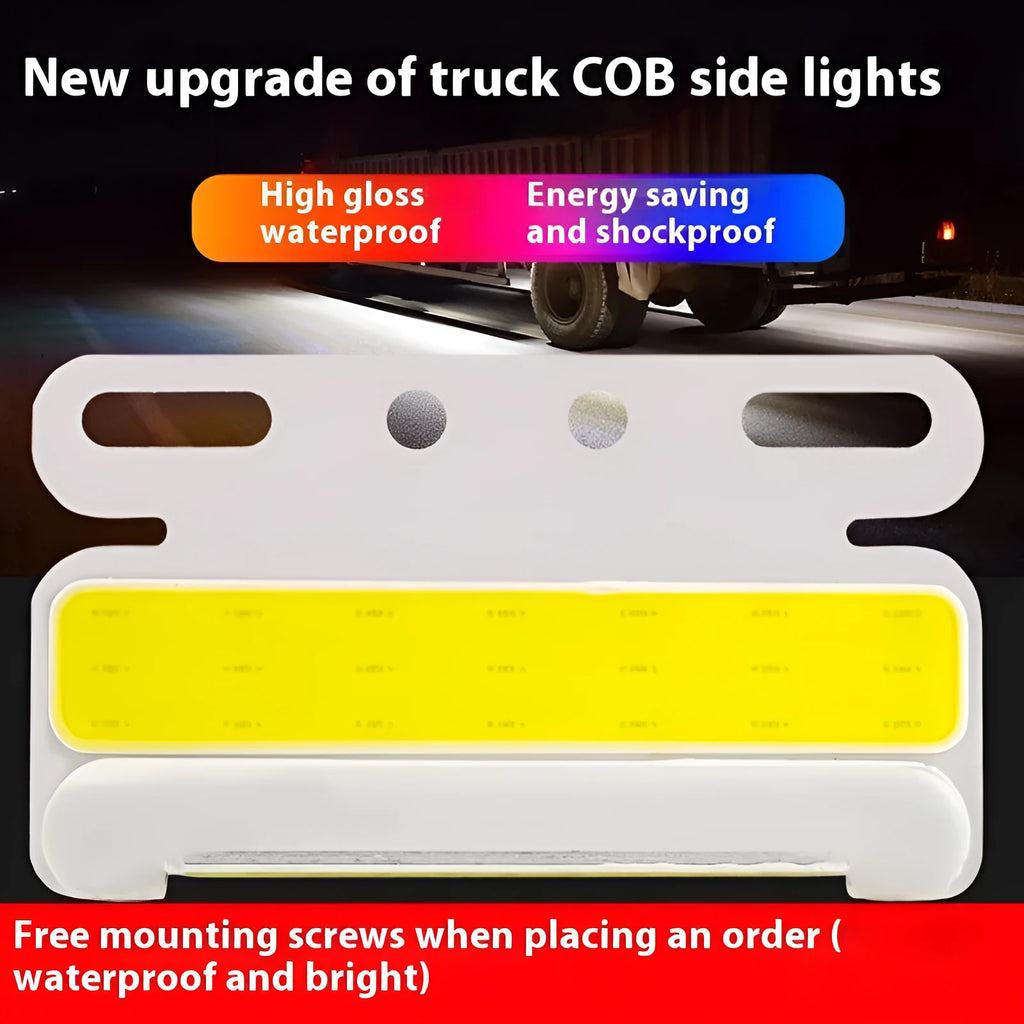 IP68 waterproof COB LED truck side light with aluminium alloy housing, shown in multiple colours.