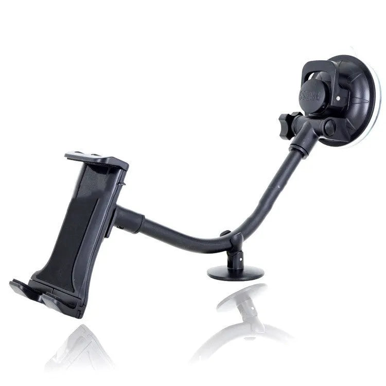 Black universal 4-12 inch vehicle-mounted tablet and mobile phone holder with long suction cup.
