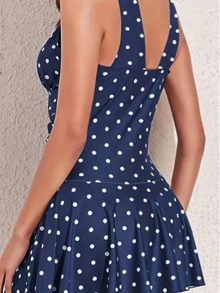 Blue polka dot print women's plus size bikini set with briefs-style shorts.