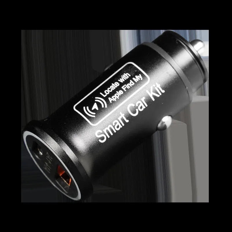 Black plug-in GPS car tracker with magnetic base, shown inserted into a vehicle's 12V lighter socket.