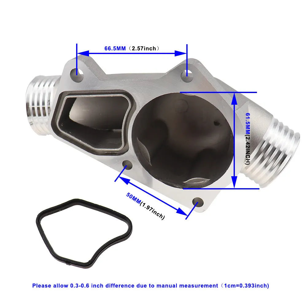 Silver aluminium thermostat housing cover with gasket for BMW engine cooling
