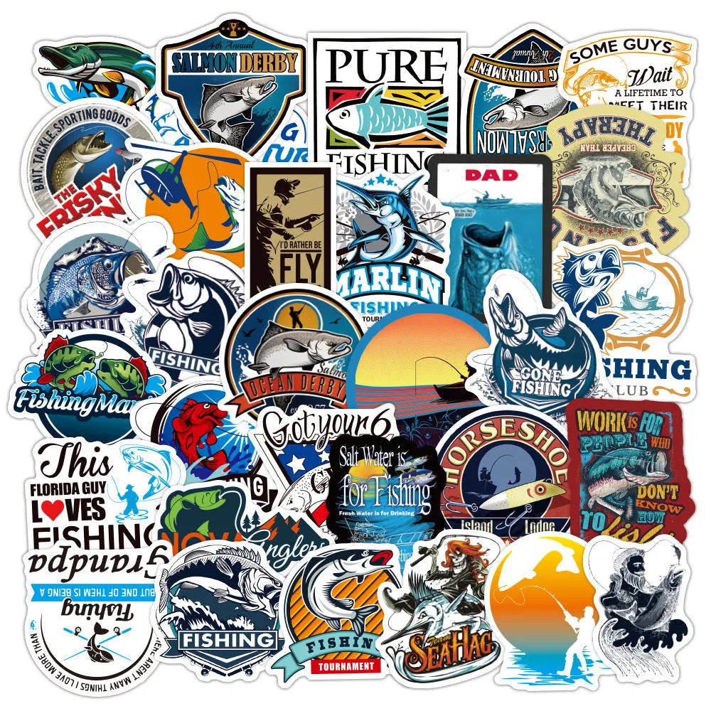 Pack of 50 fishing angling decorative stickers adhesive vinyl 5-8cm colour options WZ0335 WZ01039